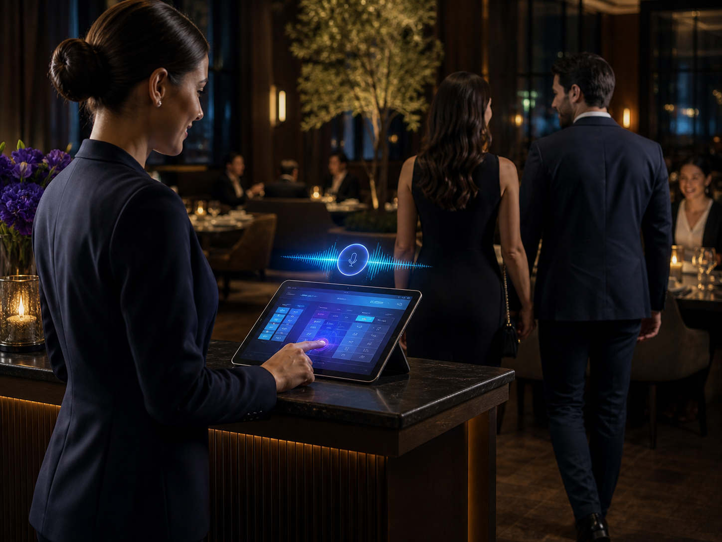 Restaurante gestionando reservas con un agente de inteligencia artificial en una tableta